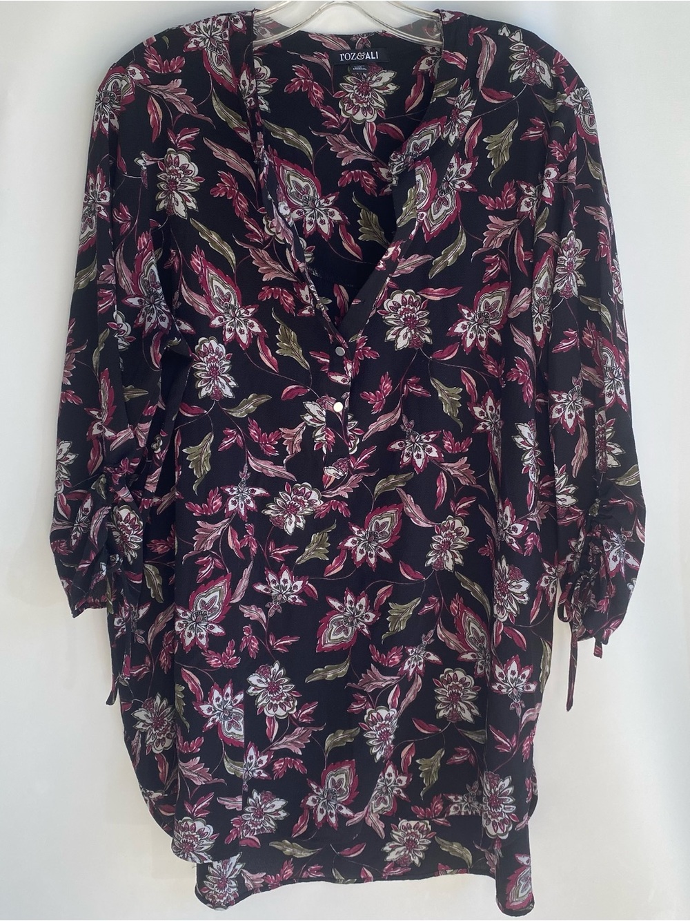 Roz & Ali 3/4 sleeve floral long length tunic top work office fall transition 1X